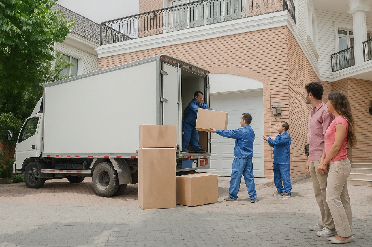 משאית הובלה ליד בית פרטי